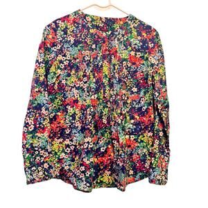 Talbots Petite Vibrant Cotton Floral Pleated Long Sleeve Blouse Top Size P
